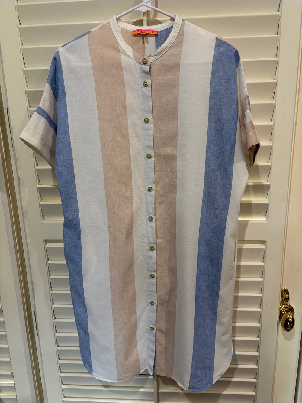 Vilagallo Short-Sleeve Stripe Button-Down Dress in Blue, White & Tan. Size M.